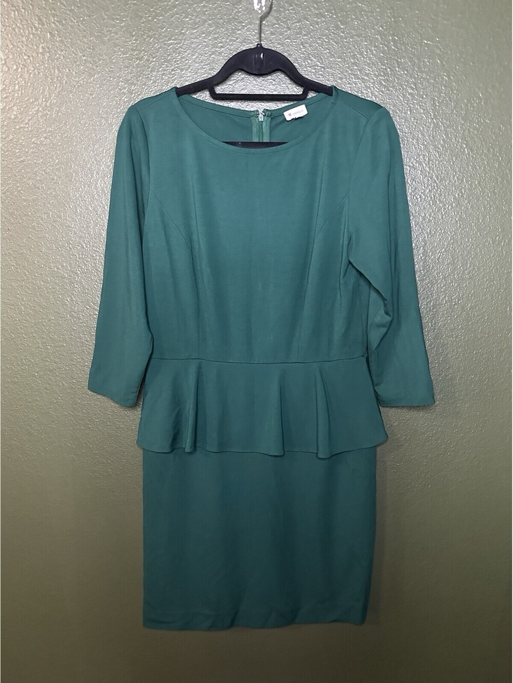 Cremieux Women’s Teal Green Peplum Sheath Dress Size L 3/4 Length Sleeve
